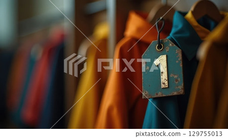 Vintage Soviet Coat Check Tag on Wooden Hanger - School Memories Macro Shot Vintage Soviet Coat Check Tag on Wooden Hanger - School Memories Macro Shot 129755013