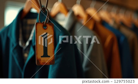 Vintage Metal Coat Check Tag on Hanger with Blurred Coats, Back-to-School Symbolism 129755023