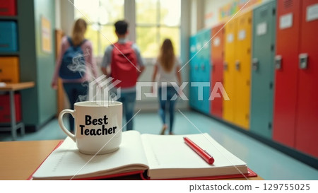 Teacher's Mug and Planner Overhead During Busy School Break Teacher's Mug and Planner Overhead During Busy School Break 129755025