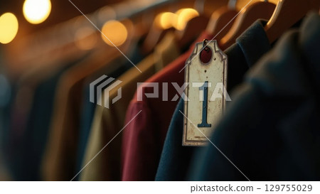 Vintage Metal Coat Check Tag on Hanger with Blurred Coats, Back-to-School Symbolism Vintage Metal Coat Check Tag on Hanger with Blurred Coats, Back-to-School Symbolism 129755029