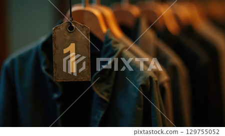 Vintage Metal Coat Check Tag on Hanger with Blurred Coats, Back-to-School Symbolism 129755052