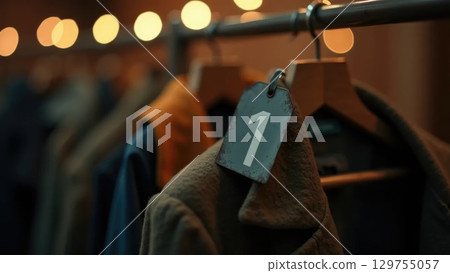 Vintage Metal Coat Check Tag on Hanger with Blurred Coats, Back-to-School Symbolism 129755057