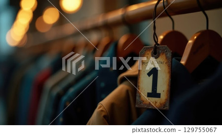 Vintage Metal Coat Check Tag on Hanger with Blurred Coats, Back-to-School Symbolism 129755067
