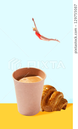 Bold artwork. Diver in red swimsuit diving toward paper cup of coffee with croissant on yellow background 129755087