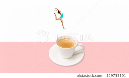 Digital artwork. Joyful woman leaping above coffee cup 129755101