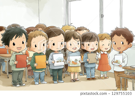 Children presenting their art works 129755103