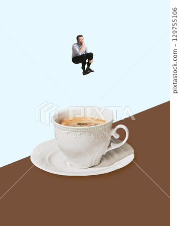 Creative collage of man diving into coffee cup with joyful energy 129755106