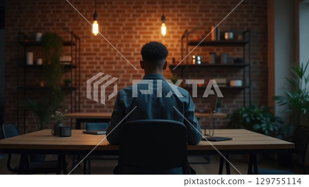 Person working in industrial loft office, back view 129755114