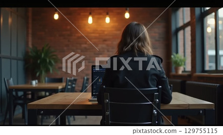 Person working in industrial loft office, back view 129755115