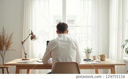 Person working in Scandinavian home office, back view Person working in Scandinavian home office, back view 129755116