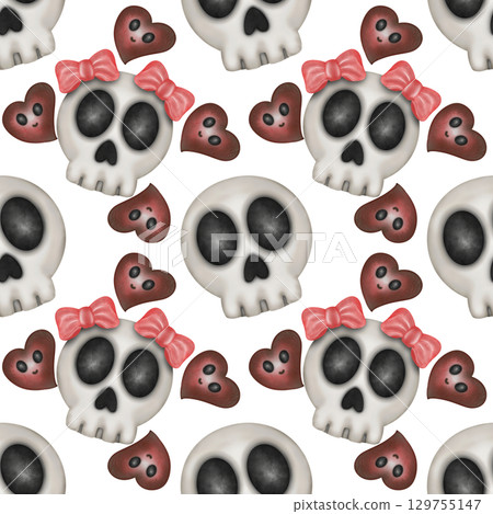 Hand drawn collection of Halloween seamless patterns. Ghosts, skulls, bats, pumpkins, spider, and candies, Trendy and kawaii repeatable background for Halloween and autumn holidays. 129755147