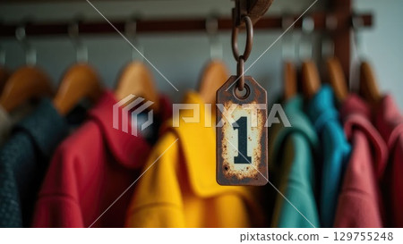 Vintage Soviet Coat Check Tag on Wooden Hanger - School Memories Macro Shot Vintage Soviet Coat Check Tag on Wooden Hanger - School Memories Macro Shot 129755248