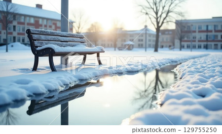 Icy Winter Schoolyard with Distorted Flag Reflection and Snowy Bench 129755250