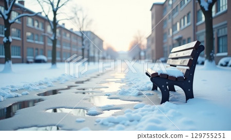 Icy Winter Schoolyard with Distorted Flag Reflection and Snowy Bench 129755251