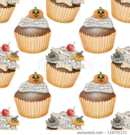 Hand drawn collection of Halloween seamless patterns. Ghosts, skulls, bats, pumpkins, spider, and candies, Trendy and kawaii repeatable background for Halloween and autumn holidays. 129755272