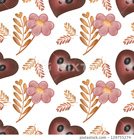 Hand drawn collection of Halloween seamless patterns. Ghosts, skulls, bats, pumpkins, spider, and candies, Trendy and kawaii repeatable background for Halloween and autumn holidays. 129755274