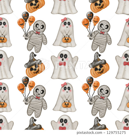Hand drawn collection of Halloween seamless patterns. Ghosts, skulls, bats, pumpkins, spider, and candies, Trendy and kawaii repeatable background for Halloween and autumn holidays. 129755275