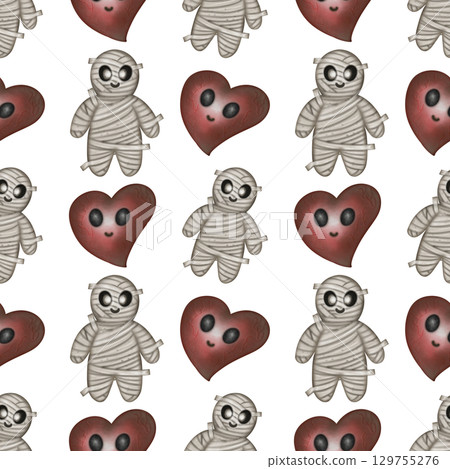 Hand drawn collection of Halloween seamless patterns. Ghosts, skulls, bats, pumpkins, spider, and candies, Trendy and kawaii repeatable background for Halloween and autumn holidays. 129755276