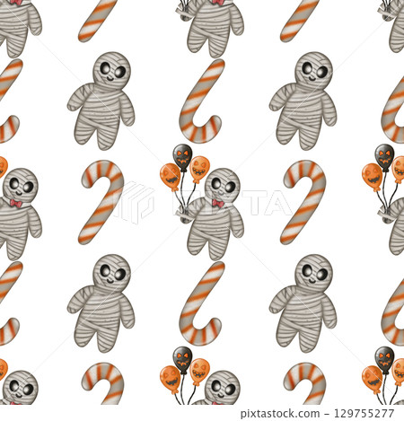 Hand drawn collection of Halloween seamless patterns. Ghosts, skulls, bats, pumpkins, spider, and candies, Trendy and kawaii repeatable background for Halloween and autumn holidays. 129755277