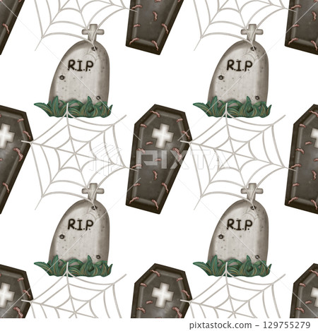 Hand drawn collection of Halloween seamless patterns. Ghosts, skulls, bats, pumpkins, spider, and candies, Trendy and kawaii repeatable background for Halloween and autumn holidays. 129755279