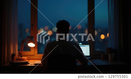 Person working at night in cozy home office, back view Person working at night in cozy home office, back view 129755301