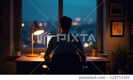 Person working at night in cozy home office, back view Person working at night in cozy home office, back view 129755305