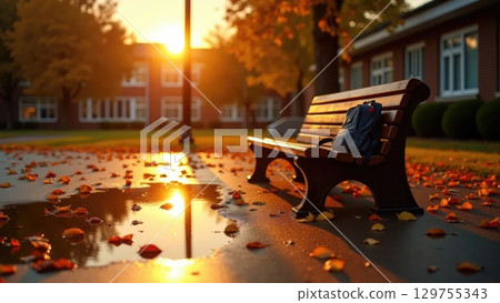 Sunset Schoolyard Puddle Reflection with Autumn Leaves and Forgotten Backpack Sunset Schoolyard Puddle Reflection with Autumn Leaves and Forgotten Backpack 129755343