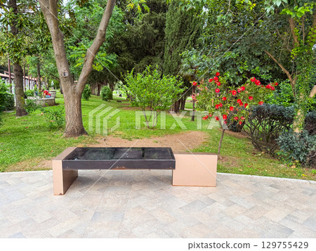 A modern bench in a green park with flowering shrubs. Public outdoor furniture, leisure, and urban garden environment. 129755429