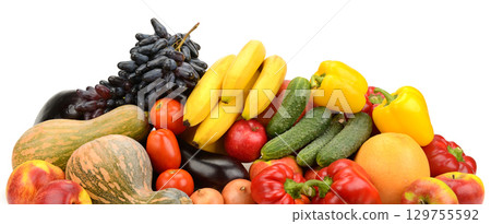 Beautiful and fresh vegetables and fruits isolated on white 129755592