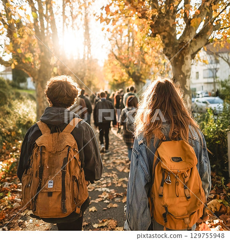 Group of students with backpacks walking along autumn street with golden leaves. High quality photo 129755948