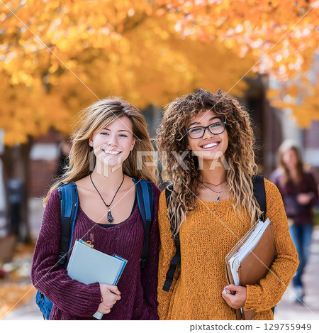 Young students with books and backpacks smiling in fall park with golden leaves. Back-to-school and education concept in autumn. High quality photo 129755949