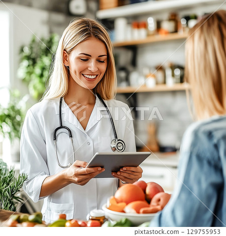 Young female nutritionist in white coat with tablet giving healthy lifestyle advice surrounded by fresh fruits. High quality photo 129755953