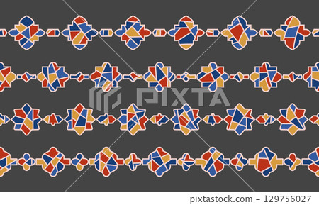 Oriental ceramic enamel mosaic tile arabic grid borders set. Simple geometric outline seamless geometric patterned decorative background elements. Oriental ceramic enamel mosaic tile arabic grid borders set. Simple geometric outline seamless geometric patterned decorative background elements. 129756027