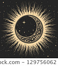 Mystical half-moon covered with ornament inside magic sun, tarot style pattern with occult astrology symbols, vector 129756062