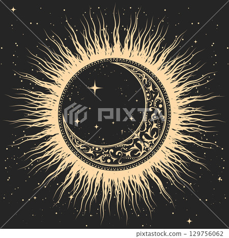 Mystical half-moon covered with ornament inside magic sun, tarot style pattern with occult astrology symbols, vector 129756062