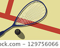 Squash racket and ball lies on squash court, view from above, sport poster, vector 129756066