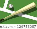 Baseball bat and ball lies on baseball court, view from above, sport poster, vector 129756067