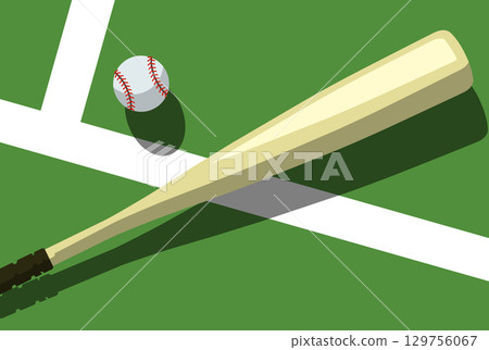 Baseball bat and ball lies on baseball court, view from above, sport poster, vector 129756067
