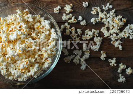 Popcorn on wood color background.Food and snack concepts ideas.Minimal style top view mockup 129756073