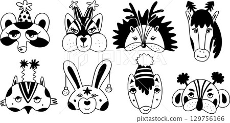 Cheerful funny Christmas mask set.The concept of Christmas, New Year. Cute hand-drawn illustration Cheerful funny Christmas mask set.The concept of Christmas, New Year. Cute hand-drawn illustration 129756166