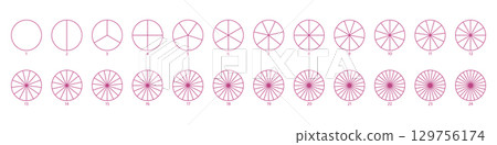 Segmented circles set. Diagram wheel parts. Line art segment slice sign. Circle section graph. Pie chart icon. Round diagram part infographic. Geometric element. Vector illustration 129756174