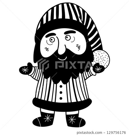 Funny Christmas gnome with bag and candy. The concept of Christmas, New Year. hand-drawn illustration Funny Christmas gnome with bag and candy. The concept of Christmas, New Year. hand-drawn illustration 129756176