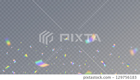 Holographic confetti falling on transparent background. Rainbow light hologram. Prism lens. Shiny festive decor. Crystal texture. Party celebration frame. Glamour design. Vector Illustration Holographic confetti falling on transparent background. Rainbow light hologram. Prism lens. Shiny festive decor. Crystal texture. Party celebration frame. Glamour design. Vector Illustration 129756183