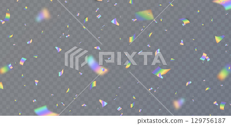 Holographic confetti falling on transparent background. Rainbow light hologram. Prism lens. Shiny festive decor. Crystal texture. Party celebration. Glamour design. Vector Illustration Holographic confetti falling on transparent background. Rainbow light hologram. Prism lens. Shiny festive decor. Crystal texture. Party celebration. Glamour design. Vector Illustration 129756187