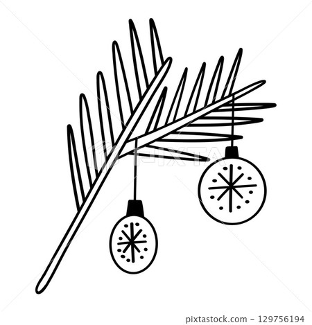 Funny Christmas twig with balls. Christmas, New year concept. Hand drawn illustration Funny Christmas twig with balls. Christmas, New year concept. Hand drawn illustration 129756194