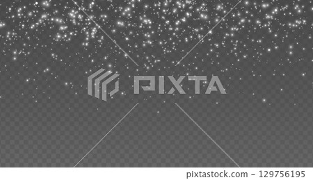 Snow falling background. White glitter light frame. Snowfall dust effect. Star particle bg. Magic Christmas silver confetti. Glow shine bokeh. Winter holiday. Celebration banner. Vector illustration 129756195
