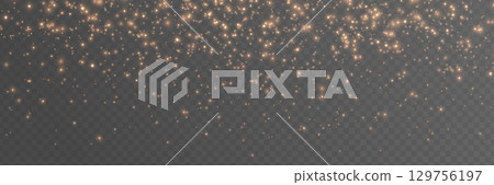 Gold glitter light background. Star particle bg. Magic dust frame. Christmas golden confetti. Glow shine bokeh particle. Winter holiday. Celebration banner. Luxury party. Vector illustration 129756197