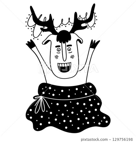 Funny Christmas reindeer in a bag. The concept of Christmas, New Year. hand-drawn illustration 129756198