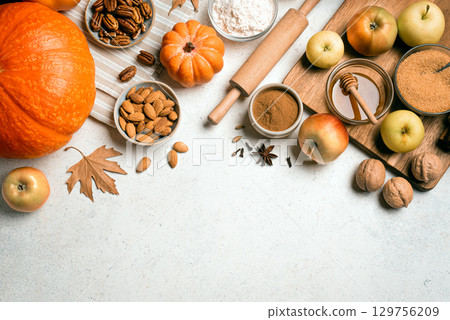 Autumn fall baking background with seasonal food ingredients Autumn fall baking background with seasonal food ingredients 129756209