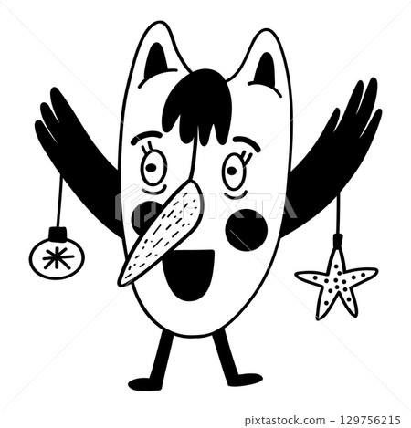 Funny bird with Christmas trees. Christmas, New year concept. hand drawn illustration 129756215